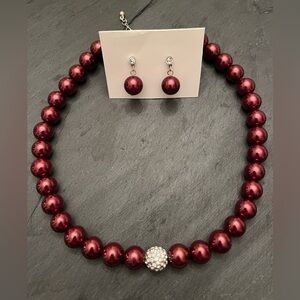Faux Red Pearl Necklace and Earrings with Singular Pave Bead